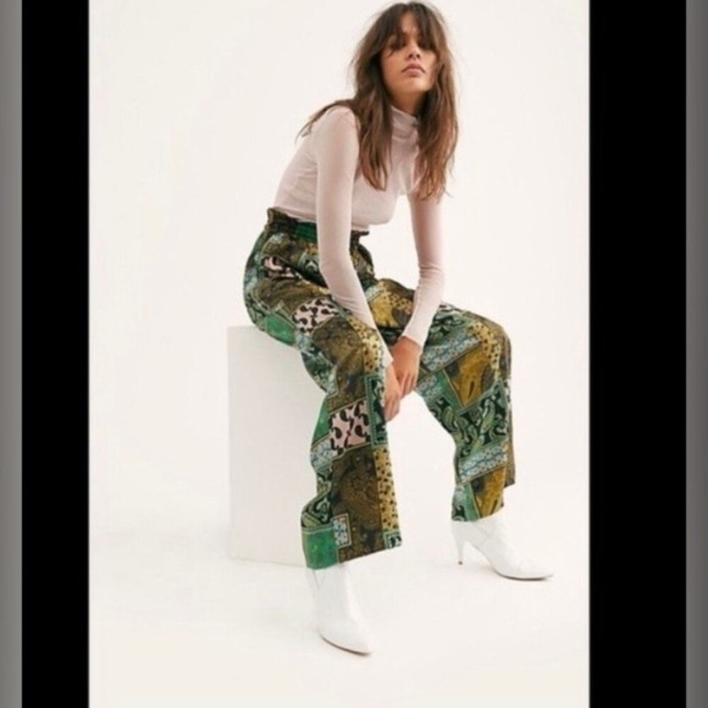 Intimately Free People Patch Things Up Pant Satin Green Bandana Paisley Print